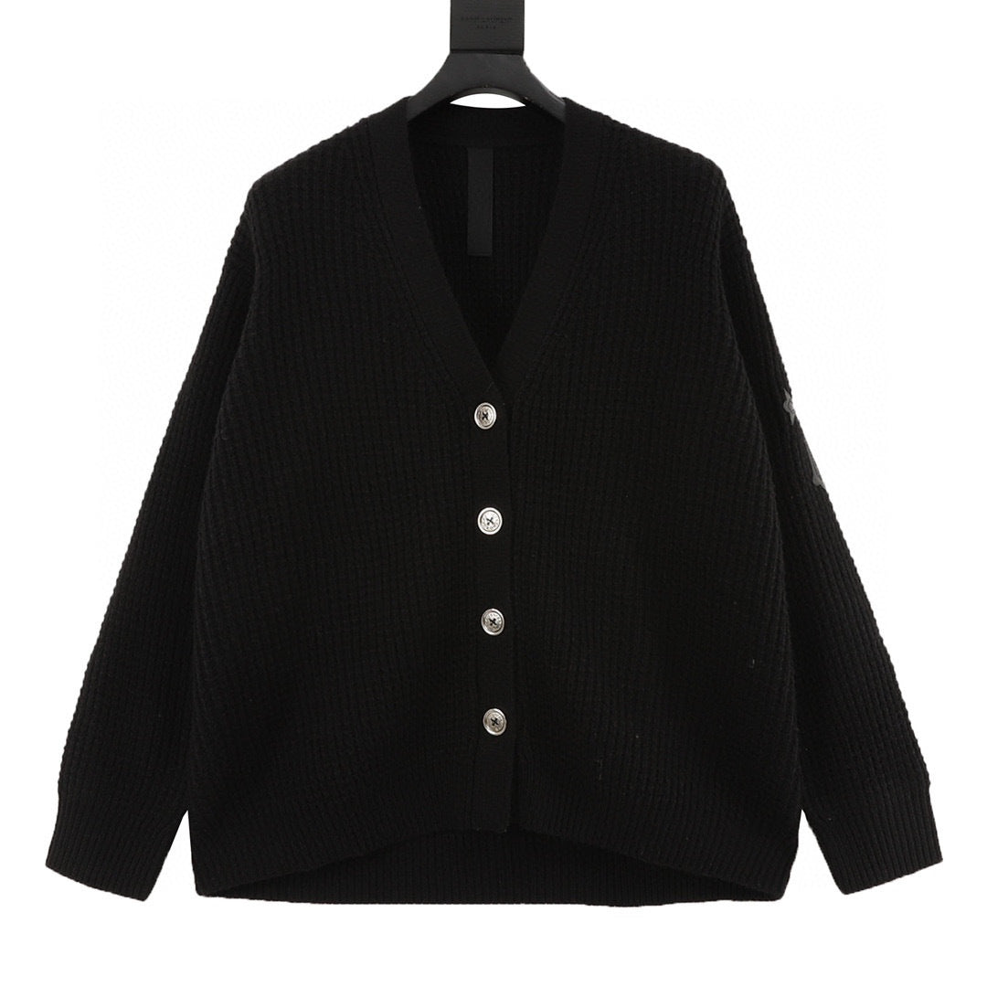 CH Cashmere Cardigan with Leather-Trimmed Sleeves and Cross-Waffle Knit