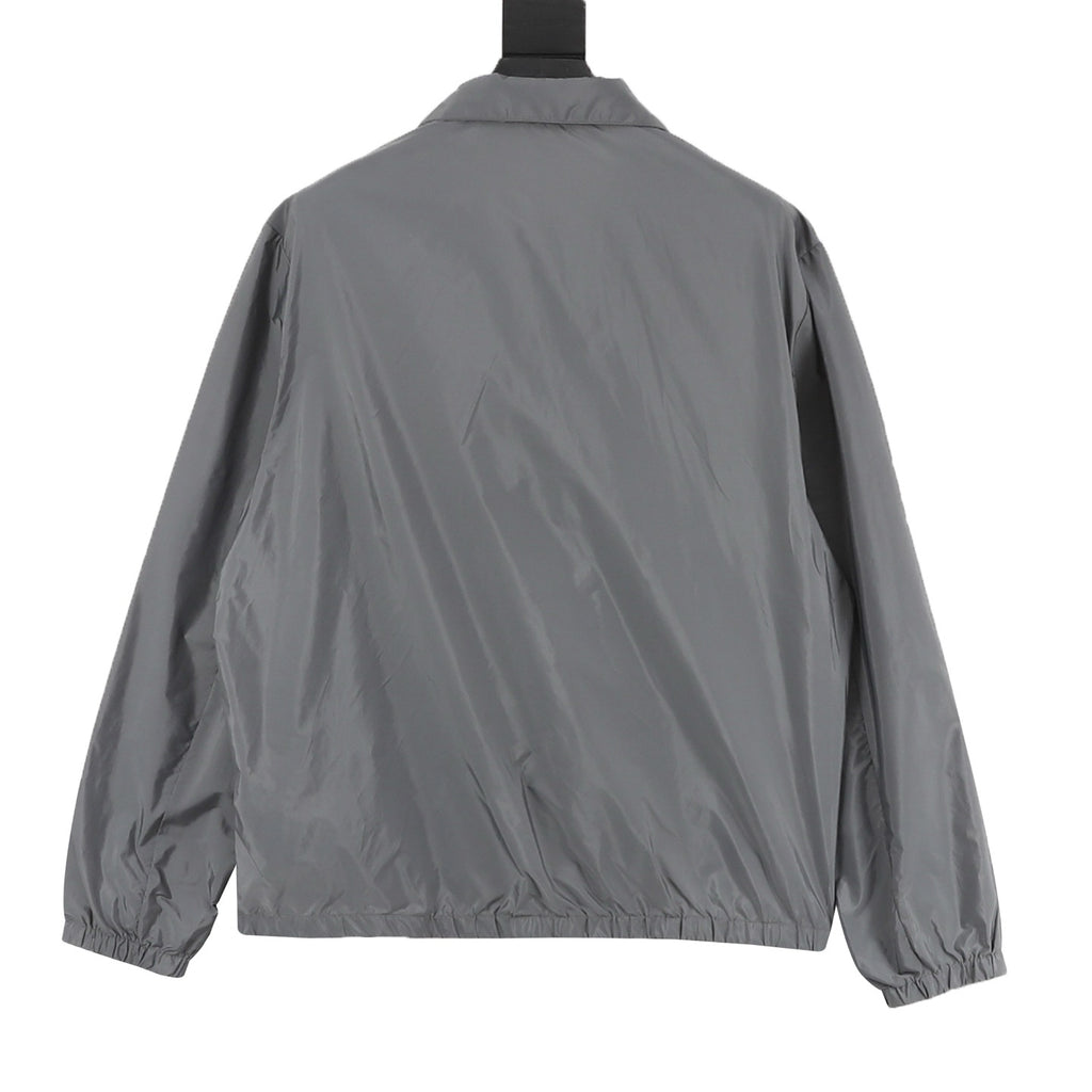 Prada Triangle Logo Iridescent Zip Nylon Stand Collar Jacket | Grey Lightweight Luxury Outerwear