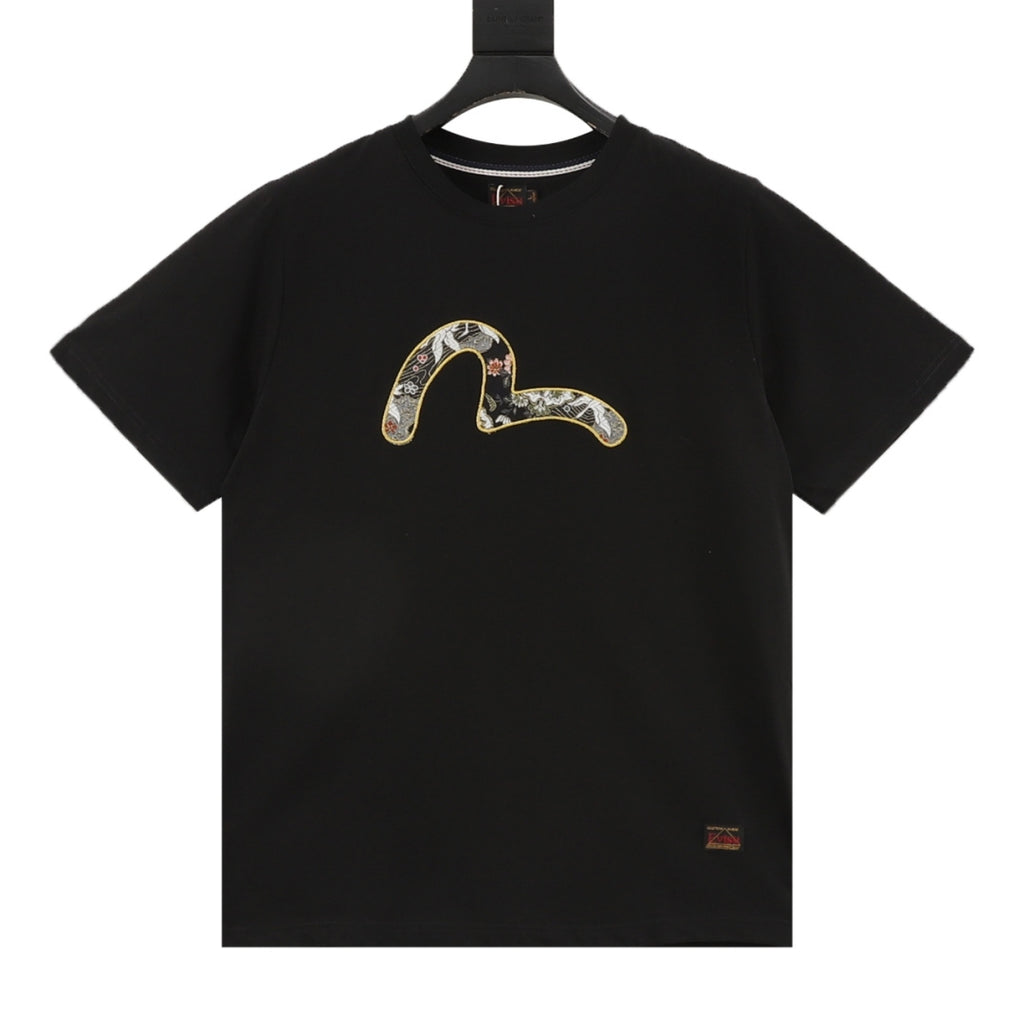 Evisu Floral Embroidery Seagull Logo Short-Sleeve T-Shirt in Black