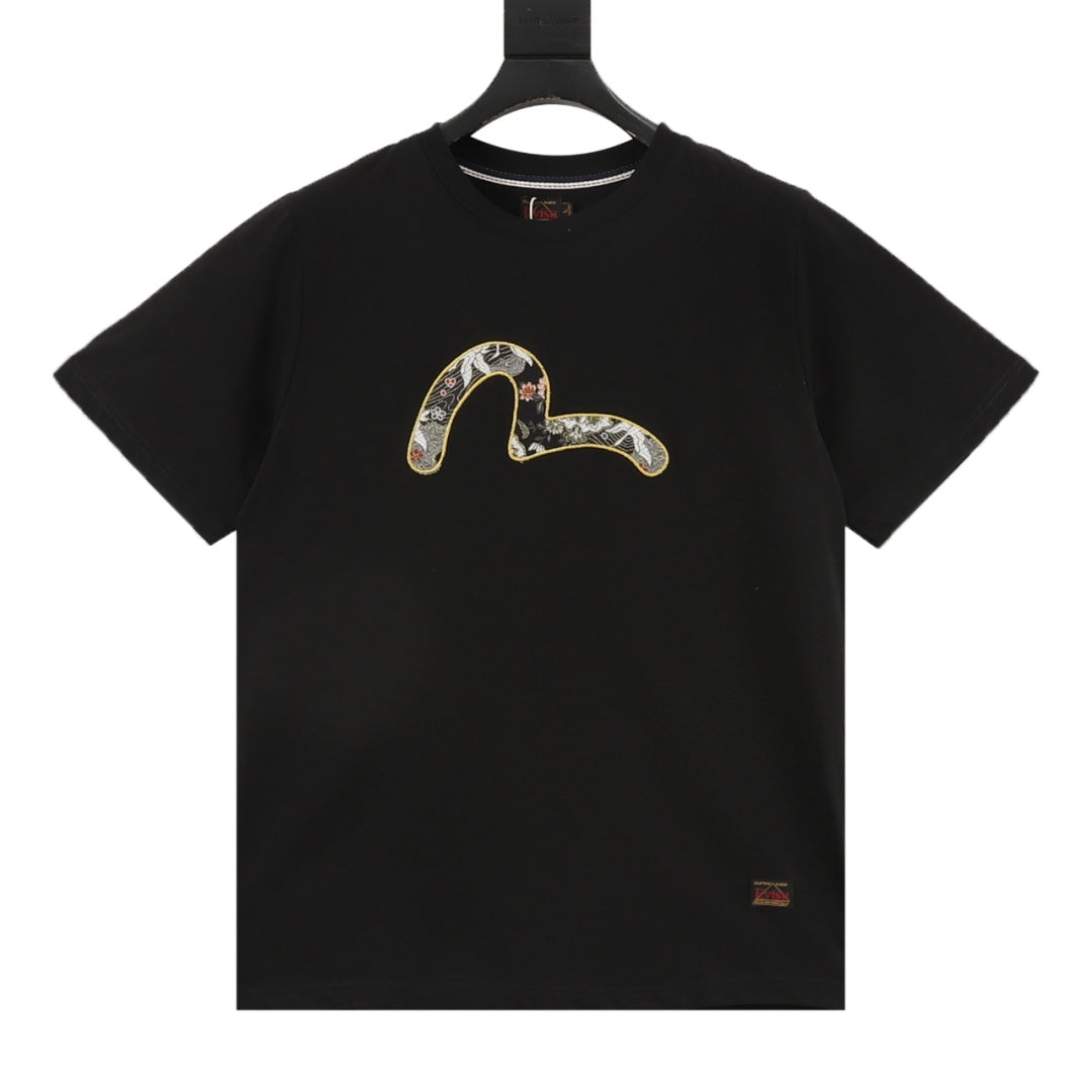 Evisu Floral Embroidery Seagull Logo Short-Sleeve T-Shirt in Black