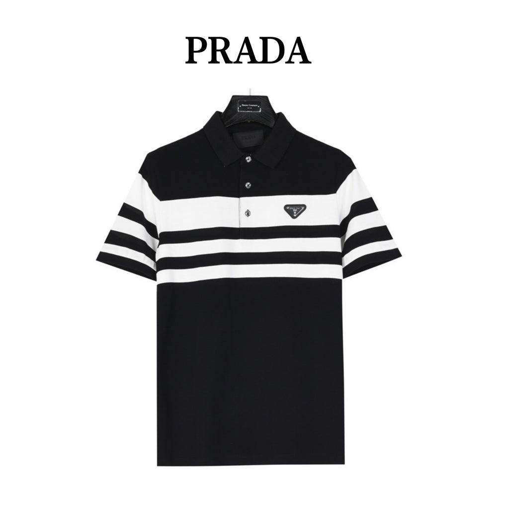 Prada Triangle Logo Short-Sleeve Polo in Black and White Stripes