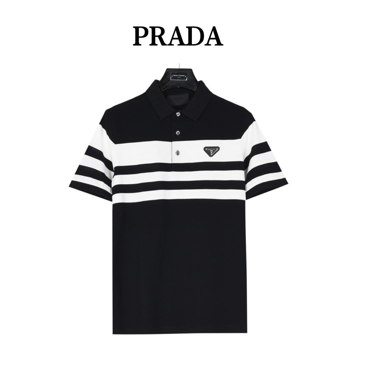 Prada Triangle Logo Short-Sleeve Polo in Black and White Stripes