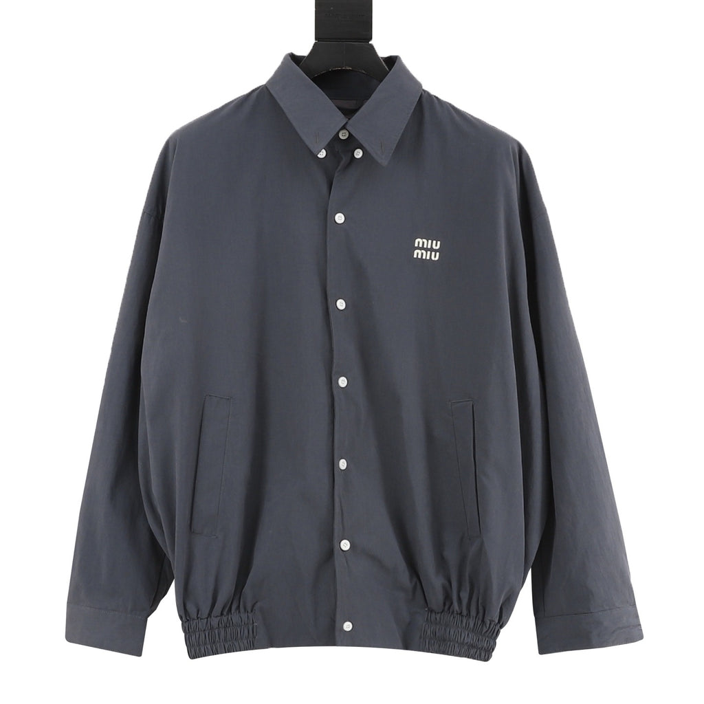 Miu Miu MM Embroidered Logo Shirt Collar Jacket | Slate Blue Elastic Hem Casual Outerwear