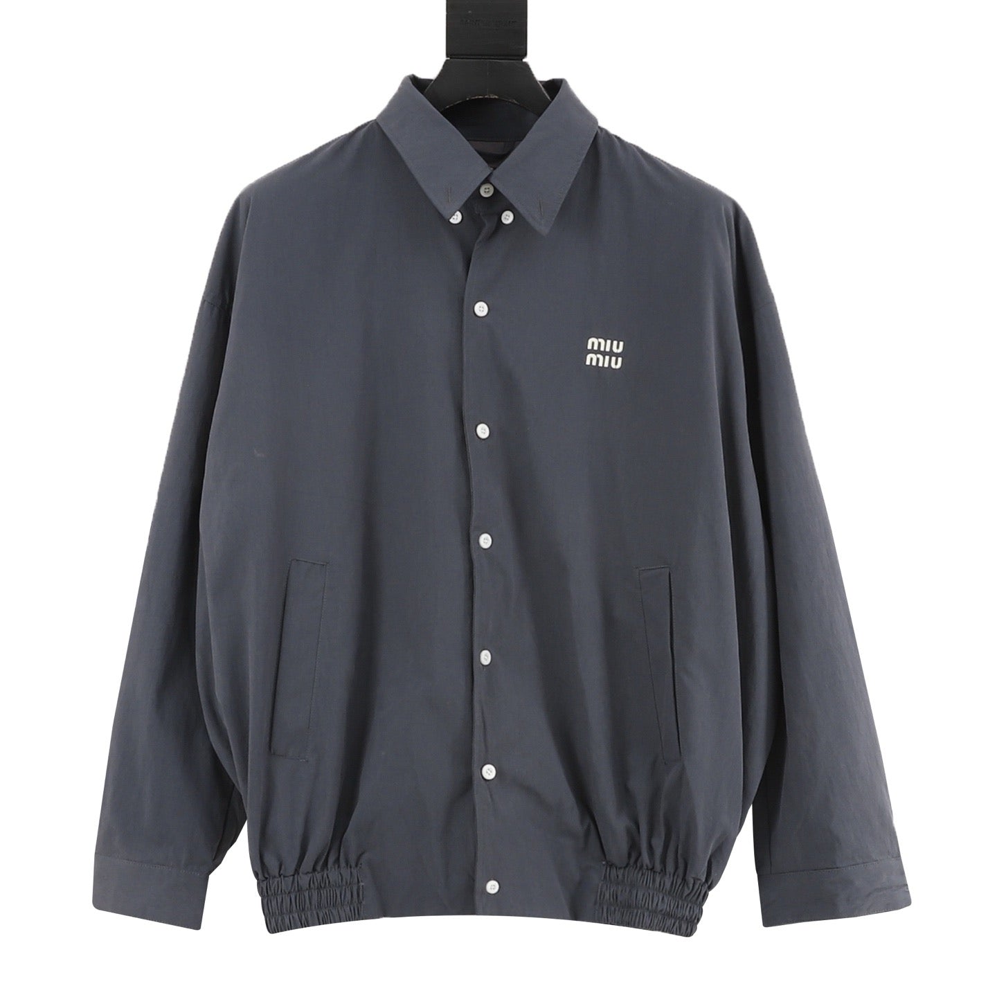Miu Miu MM Embroidered Logo Shirt Collar Jacket | Slate Blue Elastic Hem Casual Outerwear