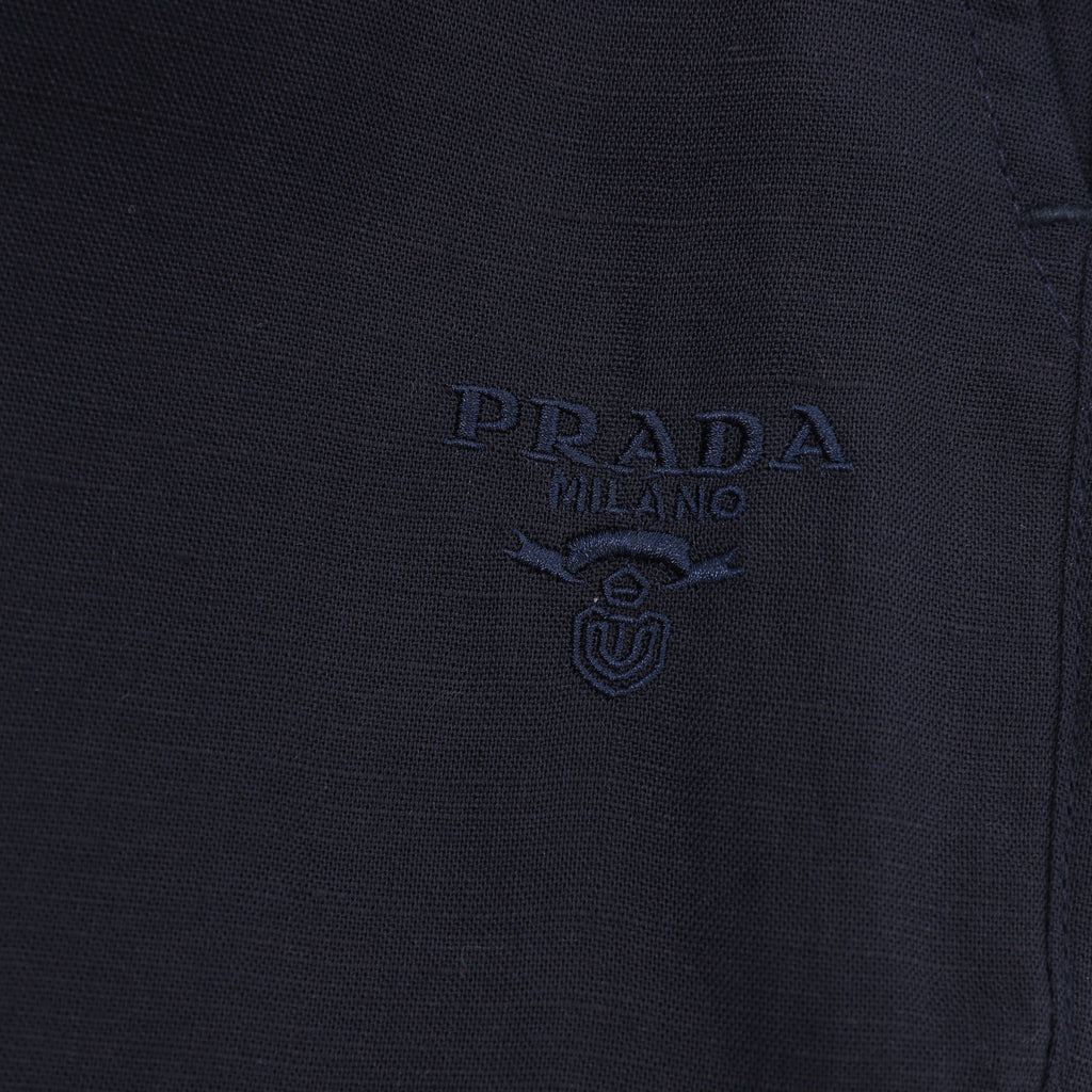 Prada Triangle Logo Linen-Blend Drawstring Wide-Leg Trousers