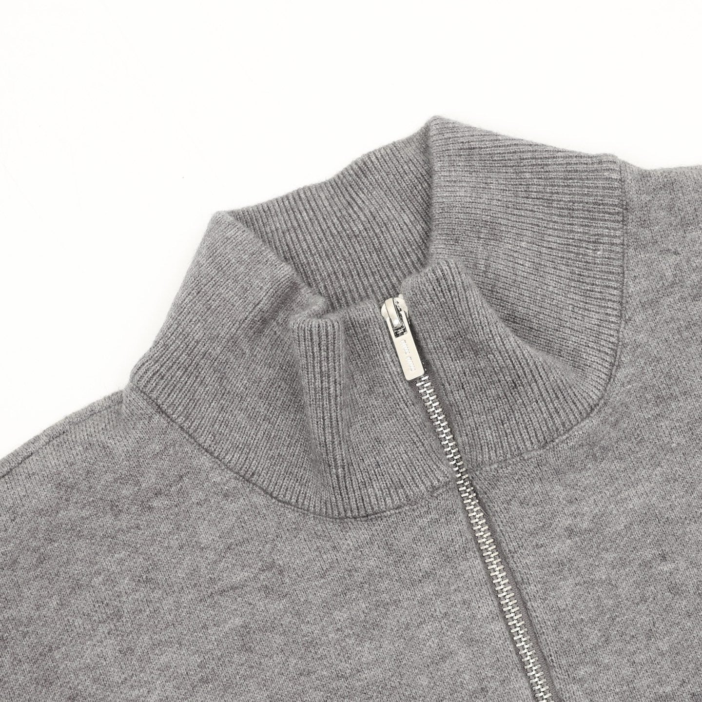 Miu Miu Small Logo Half-Zip Stand Collar Knit Sweater | Light Grey Relaxed Luxury Knitwear