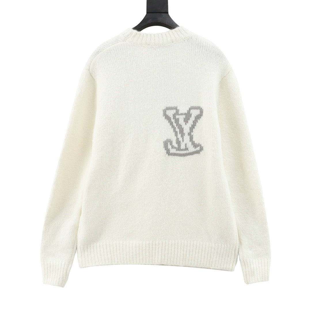 Louis Vuitton Women's Men's Off-White Intarsia LV Logo Crewneck Knit Sweater