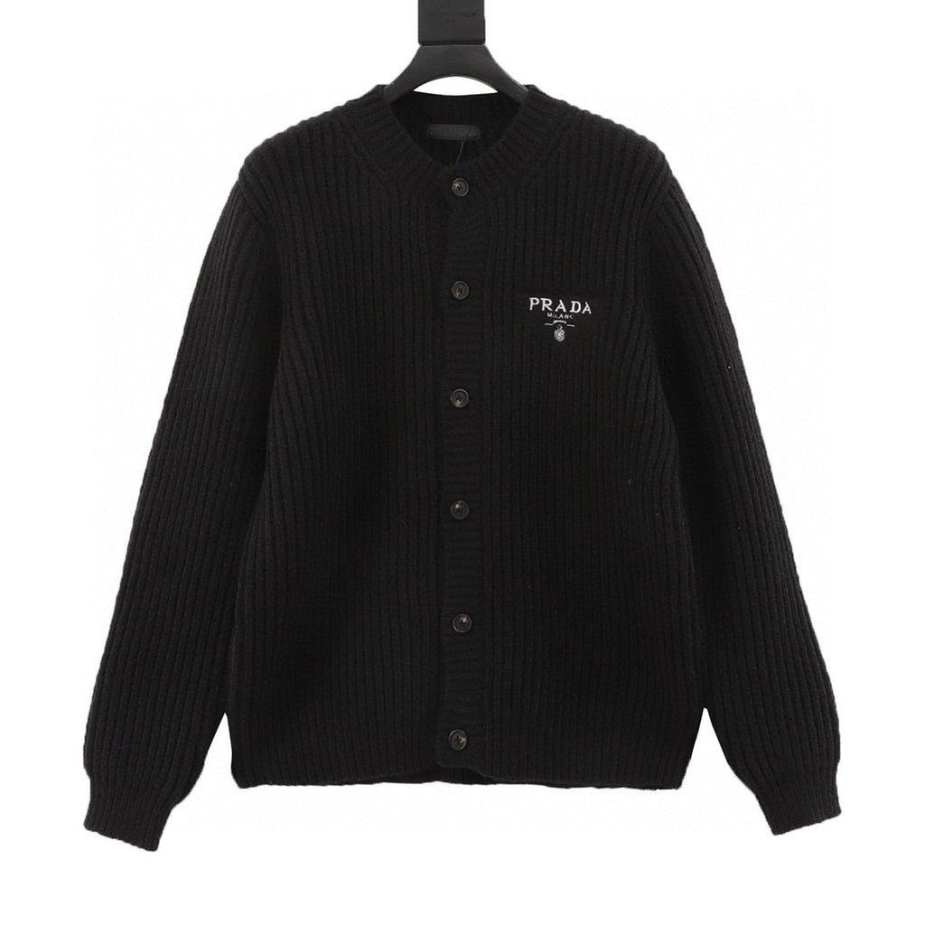 Prada Milano Logo Embroidered Chunky Rib Knit Button Cardigan