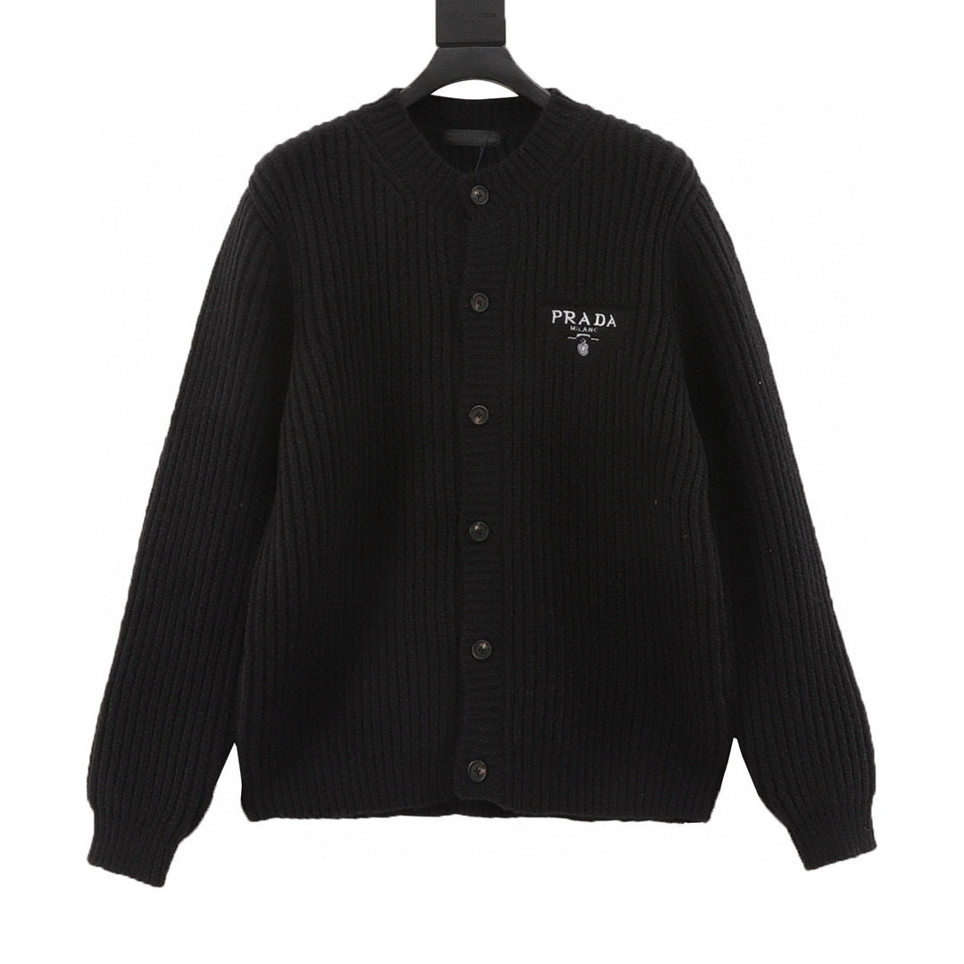 Prada Milano Logo Embroidered Chunky Rib Knit Button Cardigan