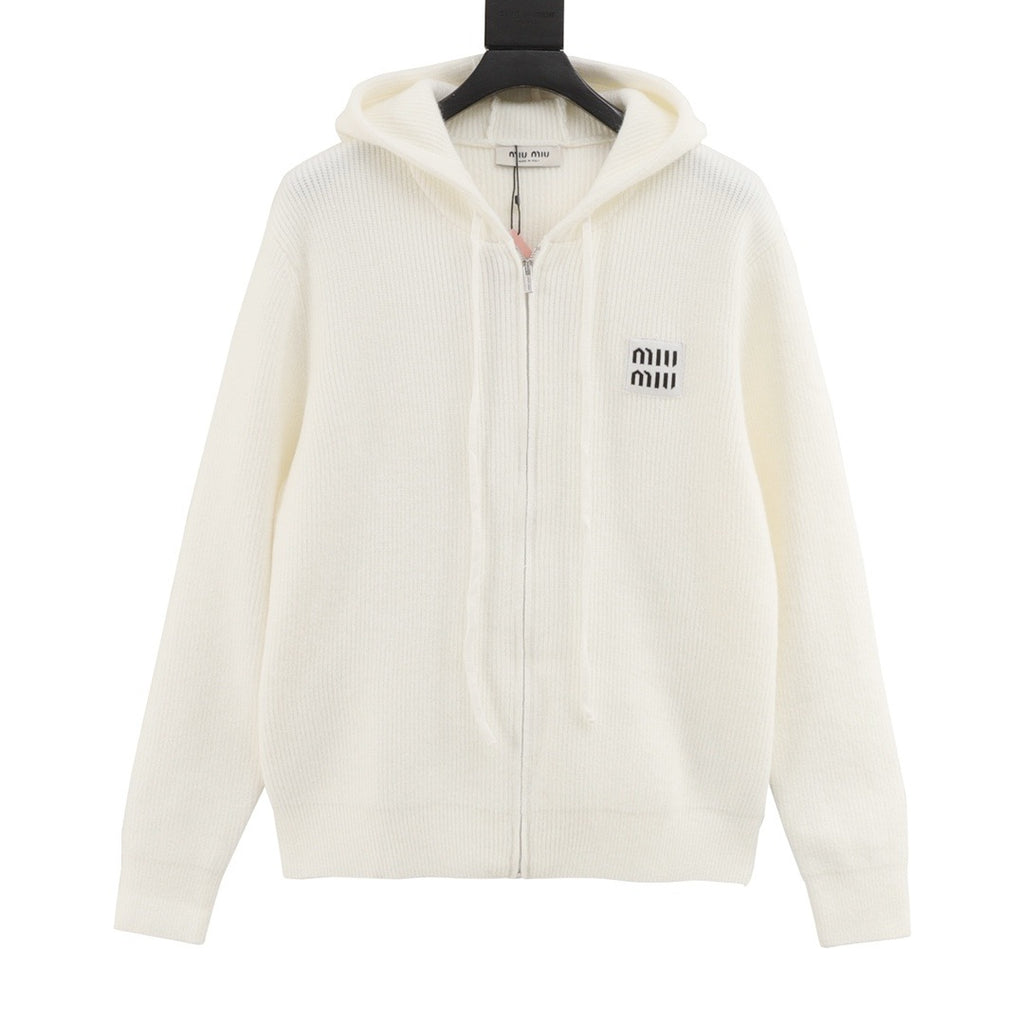 Miu Miu Women's Men's White Ribbed Knit Zip Hoodie