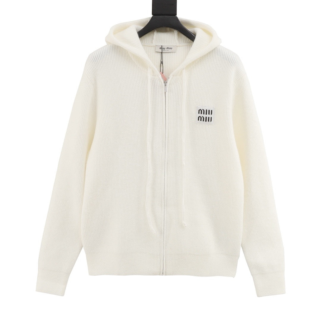 Miu Miu Women's Men's White Ribbed Knit Zip Hoodie