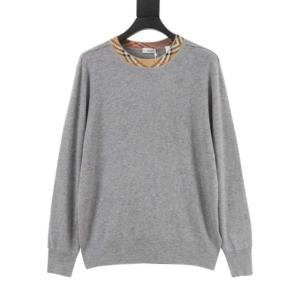 Burberry Check-Collar Knitted Wool Sweater