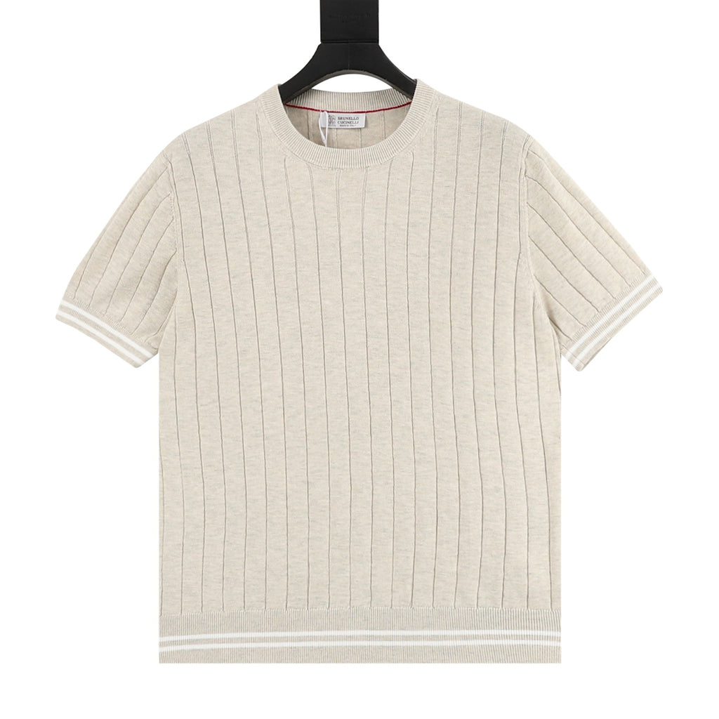 Brunello Cucinelli Vertical Rib-Knit Short-Sleeve T-Shirt in Oatmeal