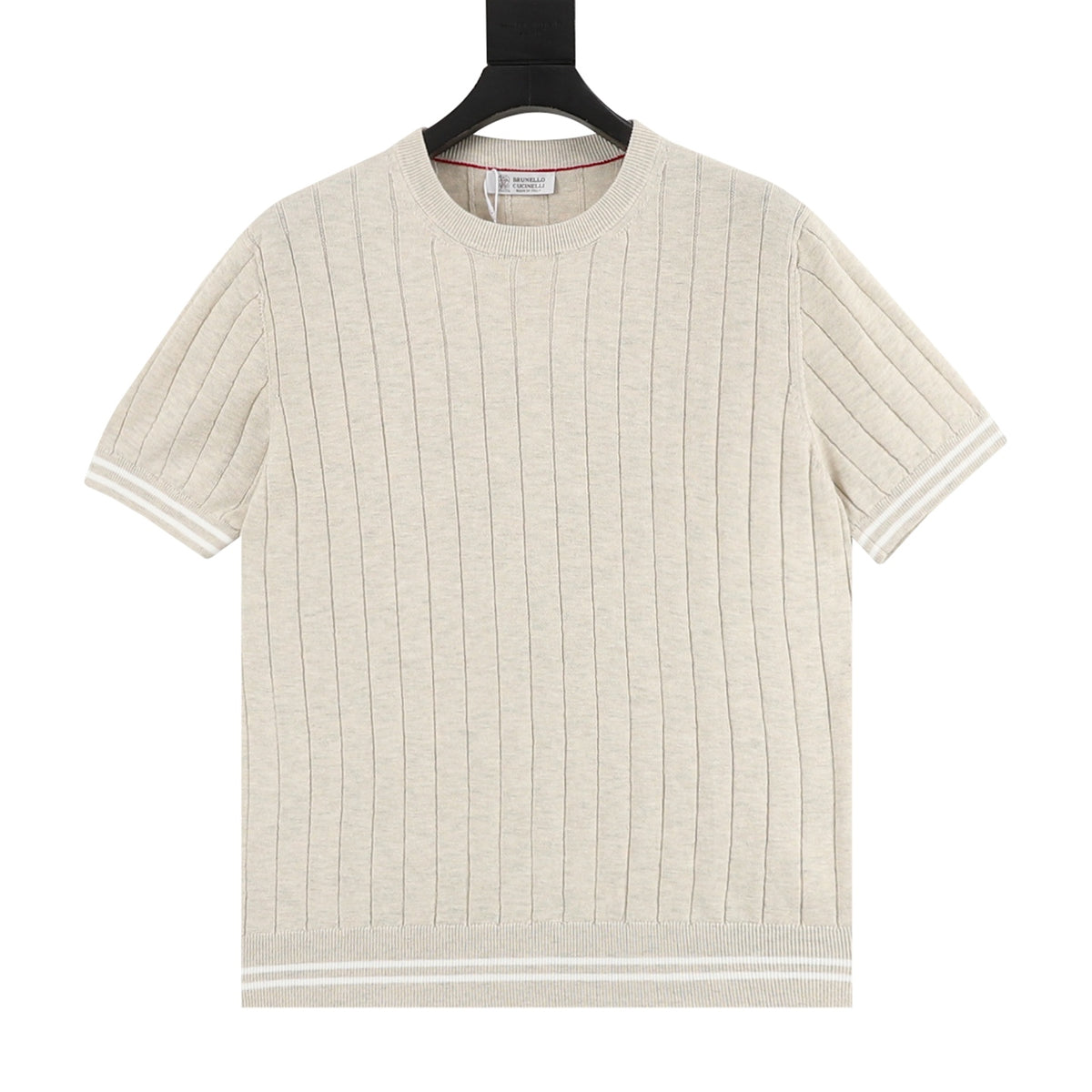 Brunello Cucinelli Vertical Rib-Knit Short-Sleeve T-Shirt in Oatmeal