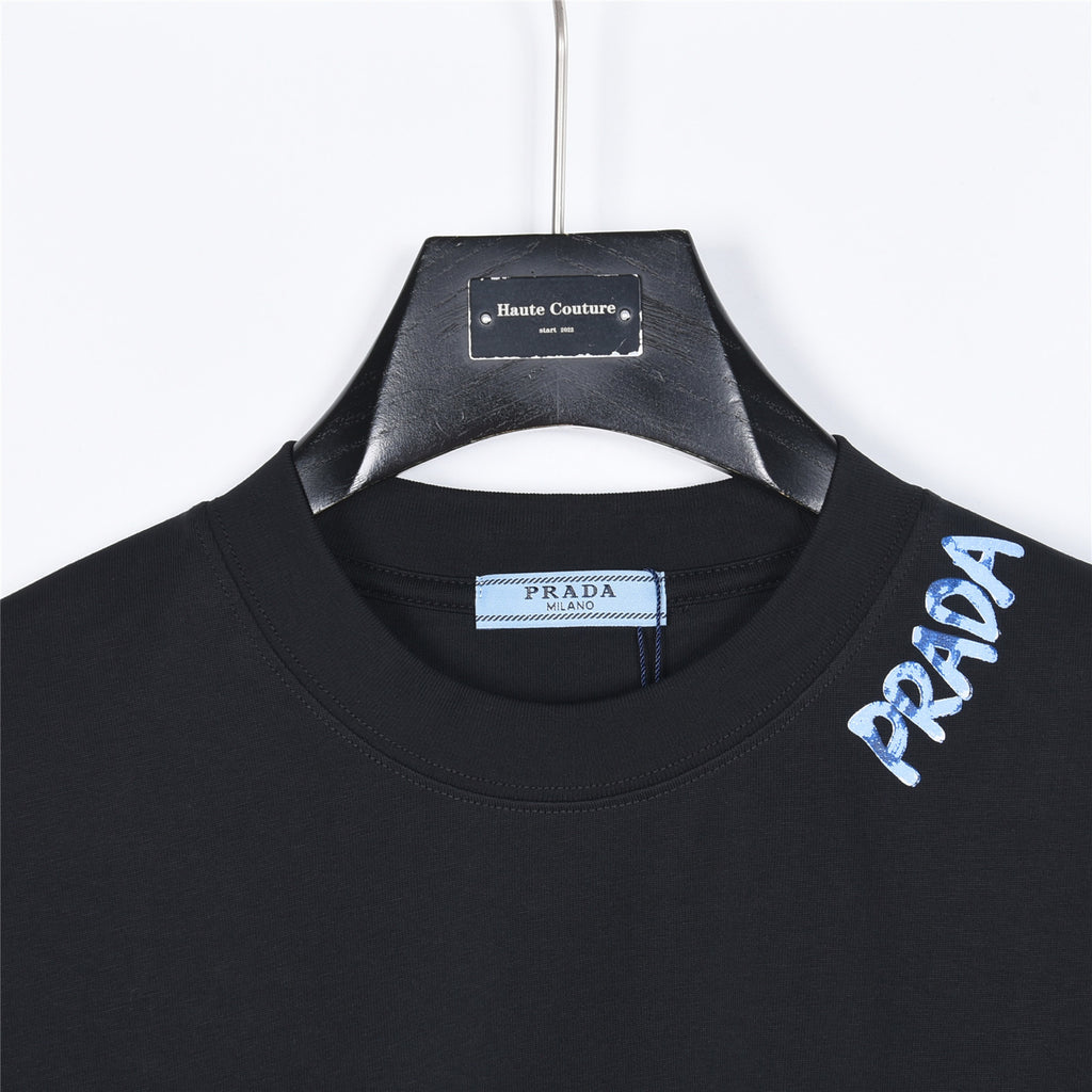 Prada Blue Graffiti Oval-Frame Logo Short-Sleeve T-Shirt in Black