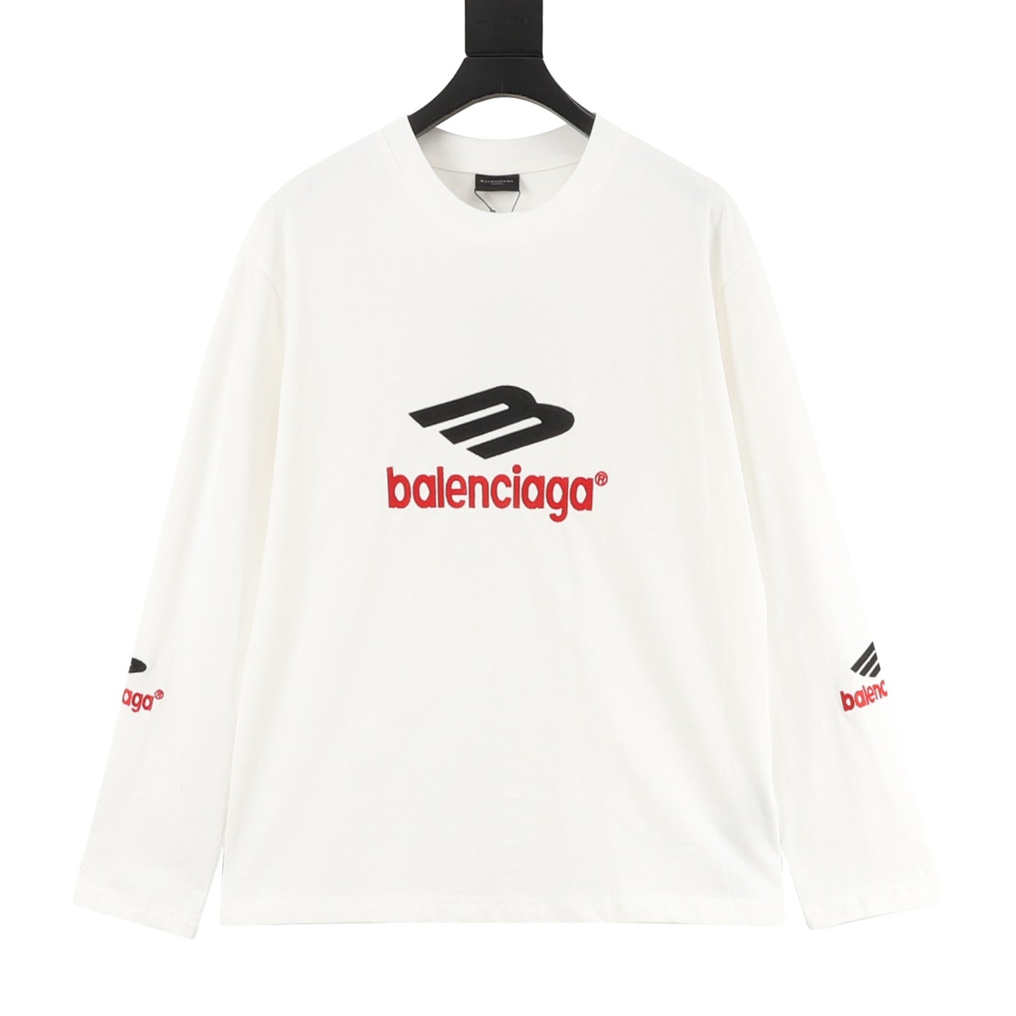 Balenciaga Classic 3M Reflective B Logo Embroidered Crewneck Long Sleeve T-Shirt | Black