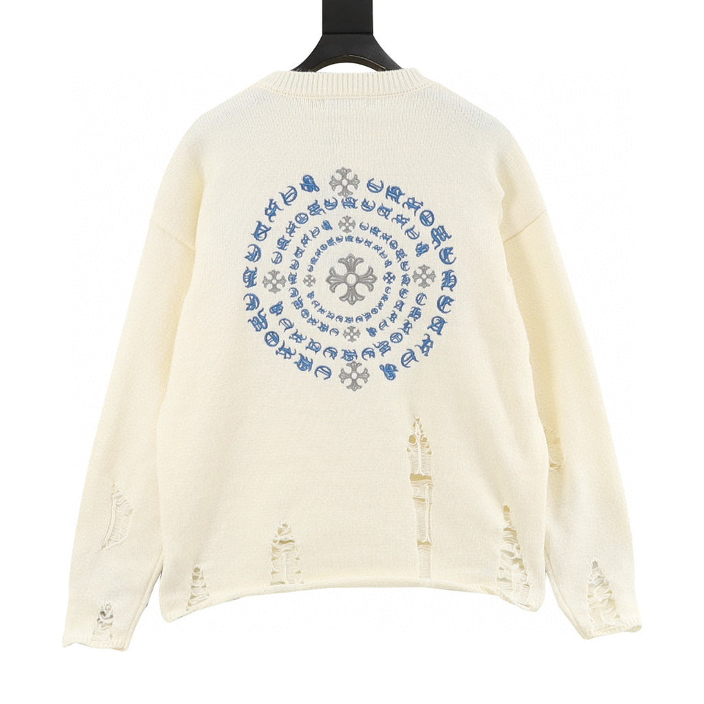 CH Embroidered Sanskrit Cross Distressed Knit Sweater