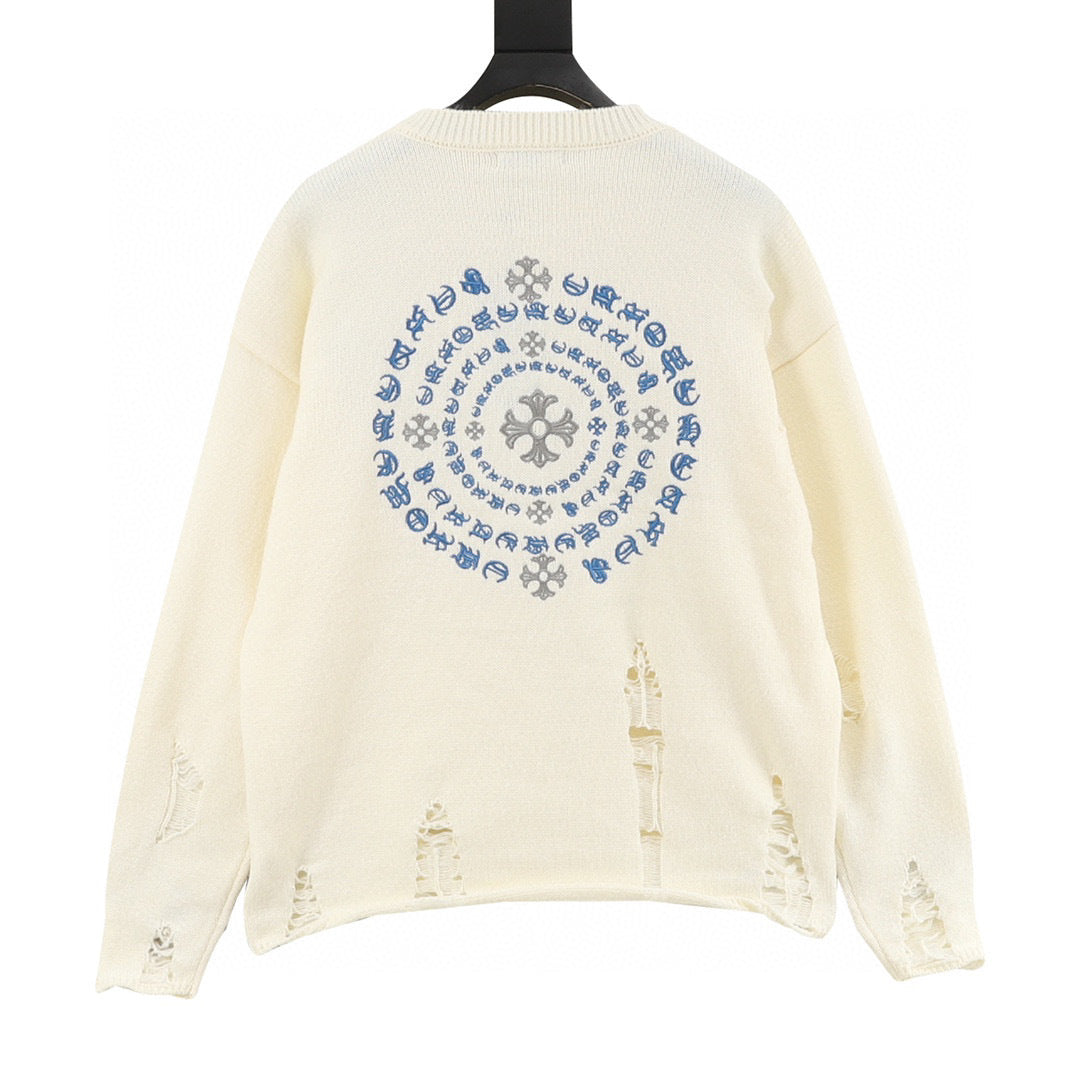 CH Embroidered Sanskrit Cross Distressed Knit Sweater