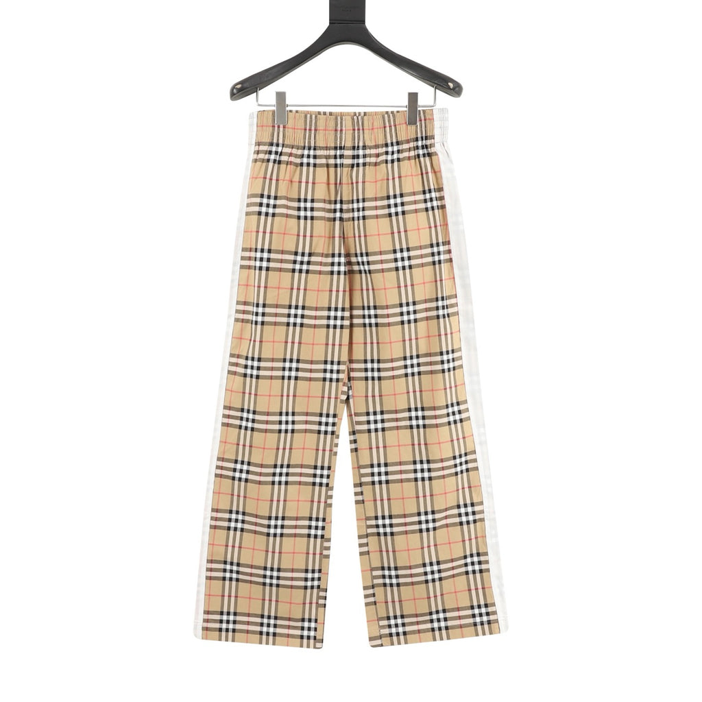Burberry Vintage Check Wide-Leg Stretch Cotton Trousers | Camel Plaid White Side Stripe