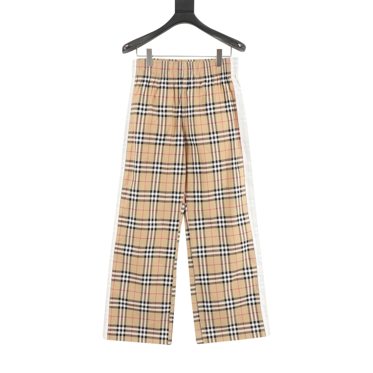 Burberry Vintage Check Wide-Leg Stretch Cotton Trousers | Camel Plaid White Side Stripe