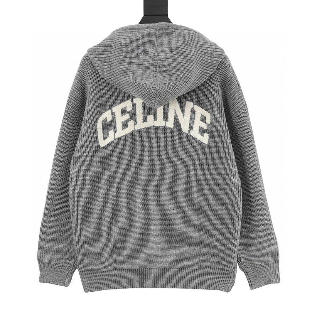 Celine Arc de Triomphe Chenille Logo Chunky Knit Hoodie