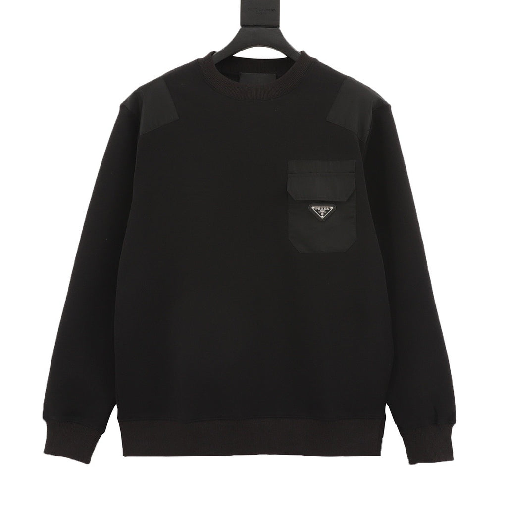 Prada Women's & Men's Black Nylon Pocket Triangle Logo Crewneck Sweatshirt