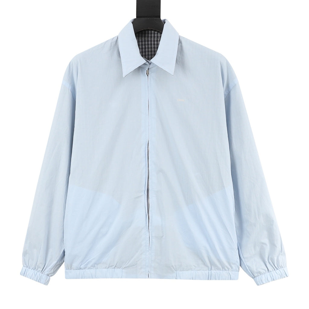 Prada Triangle Logo Check Zip-Up Lapel Jacket | Grey Plaid Lightweight Luxury Outerwear