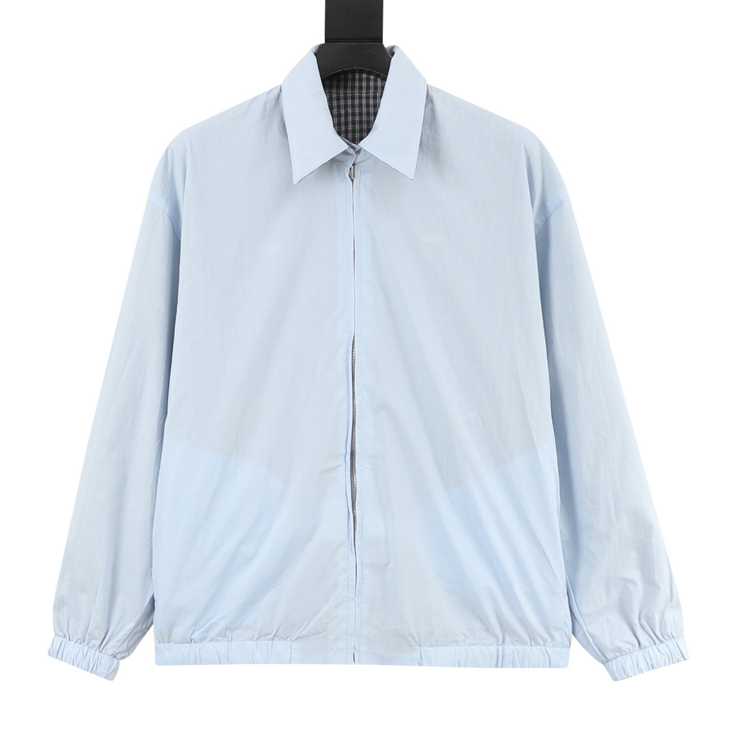 Prada Triangle Logo Check Zip-Up Lapel Jacket | Grey Plaid Lightweight Luxury Outerwear