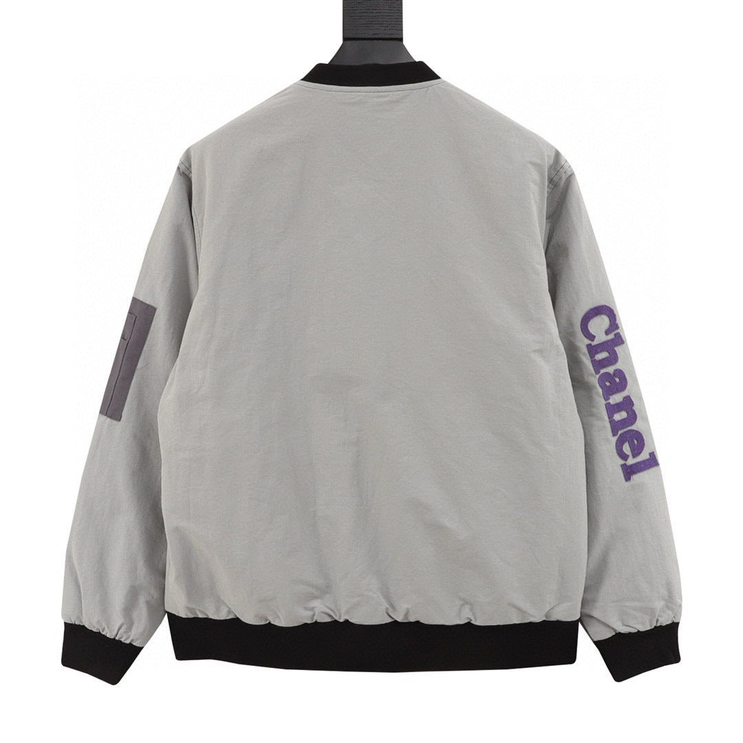 Chanel Reversible Quilted Cotton Jacket with Embroidered Slogan and Vintage-Style Zipper