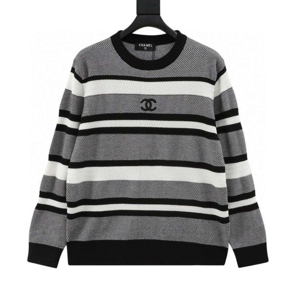 Chanel Autumn/Winter Striped Knit Pullover with Embroidered Double-C Logo