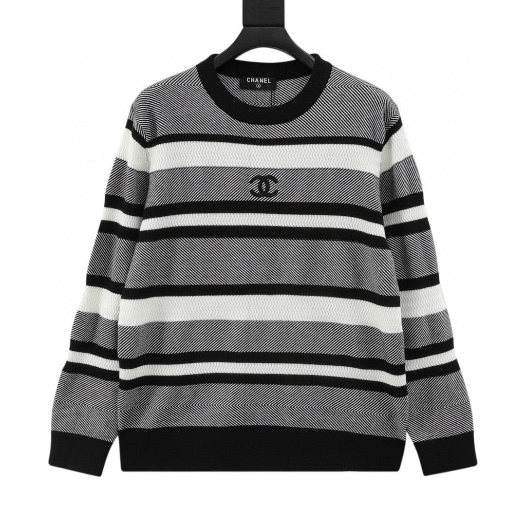 Chanel Autumn/Winter Striped Knit Pullover with Embroidered Double-C Logo