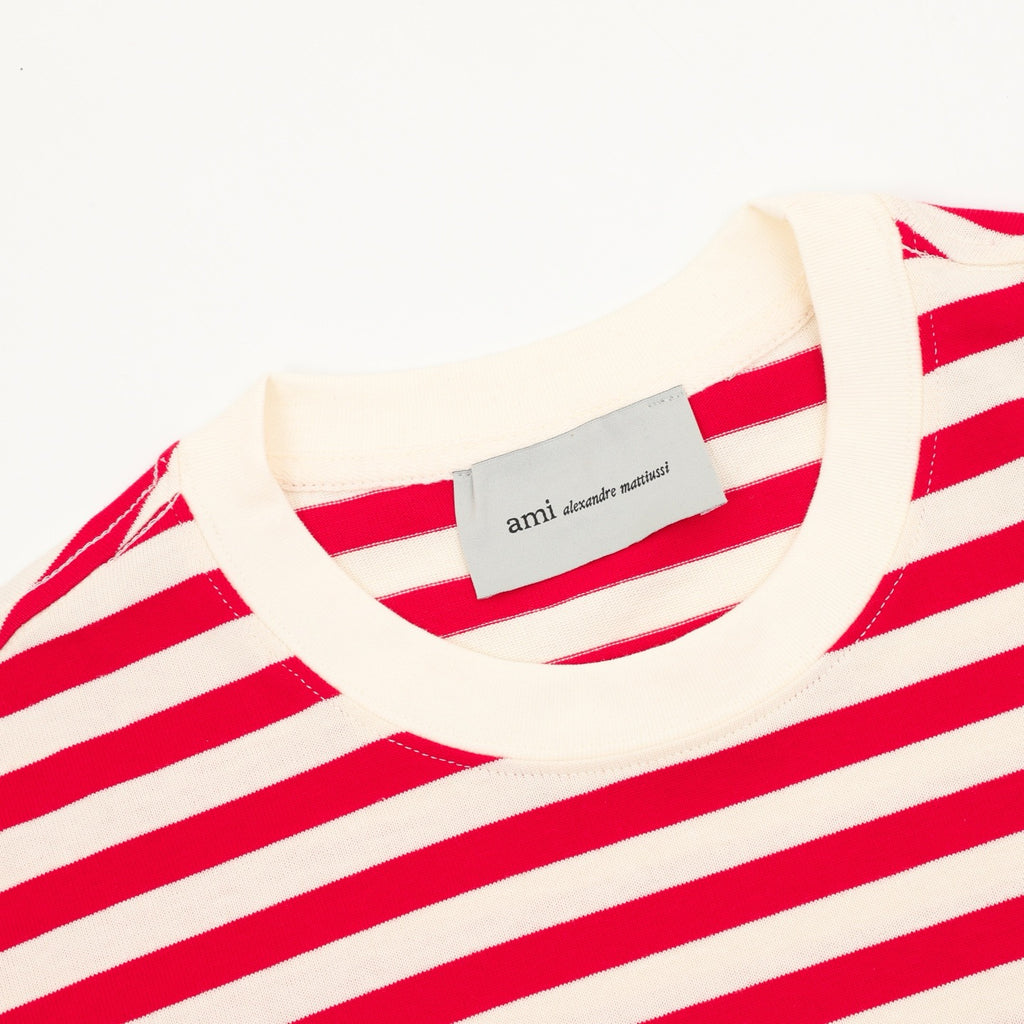 AMI Paris Women's & Men's Red & Off-White Striped Long Sleeve Heart Logo Top