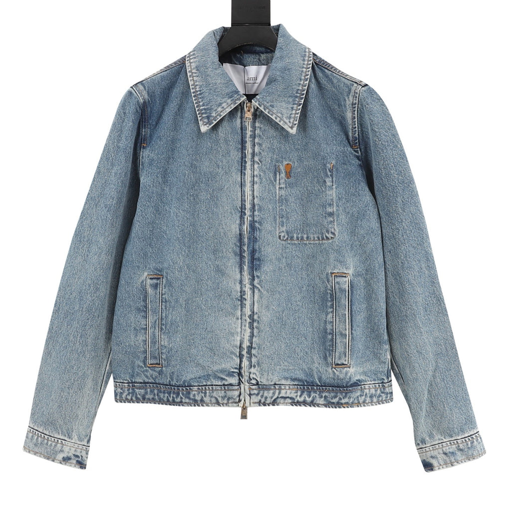 AMI Paris Ami de Cœur Heart Logo Washed Denim Zip Jacket | Light Blue Workwear Casual Outerwear