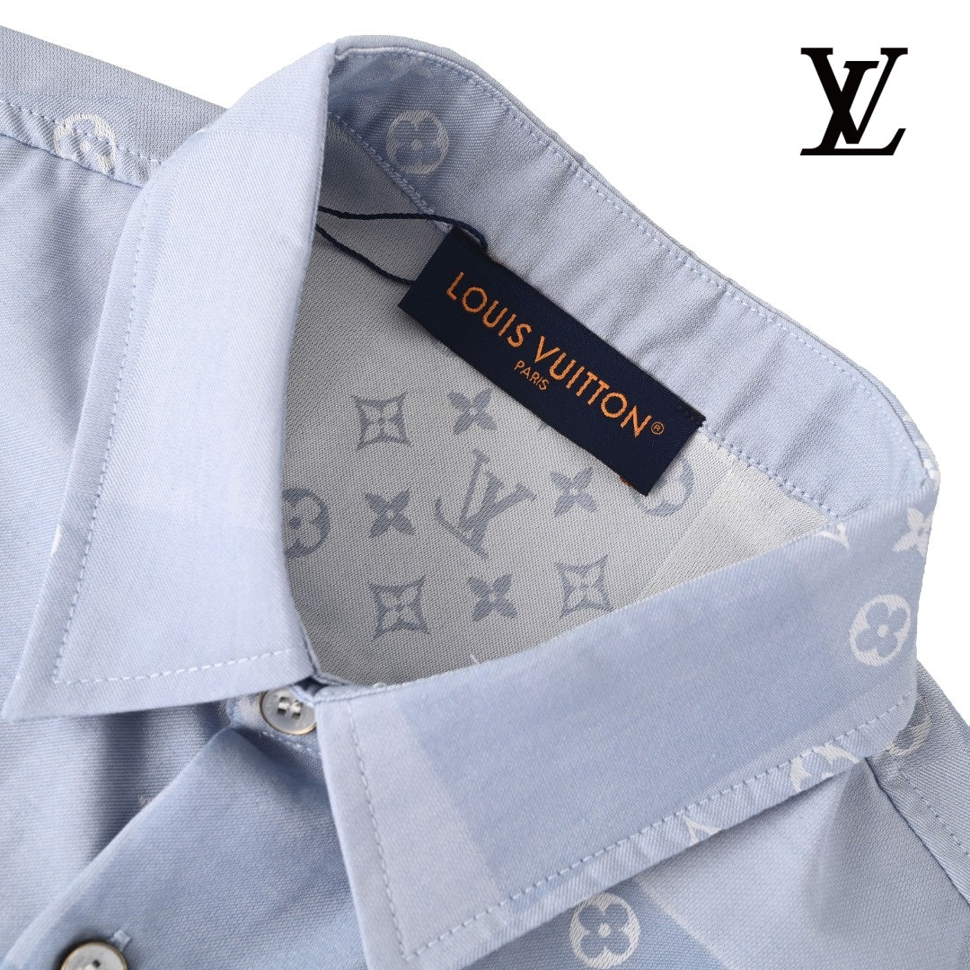 Louis Vuitton Men's Light Blue Monogram Patchwork Short Sleeve Shirt