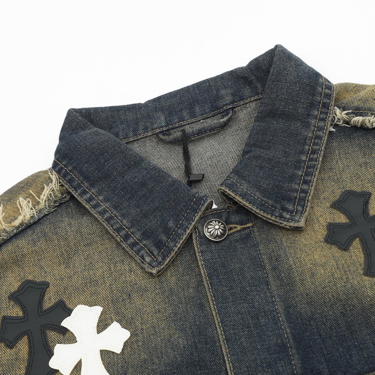 Chrome Hearts Women's / Men's Cross-Patch Distressed Denim Jacket in Vintage Blue