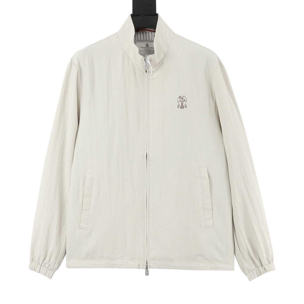 Brunello Cucinelli Women's Men's Off-White Embroidered Logo Stand-Collar Zip-Up Jacket