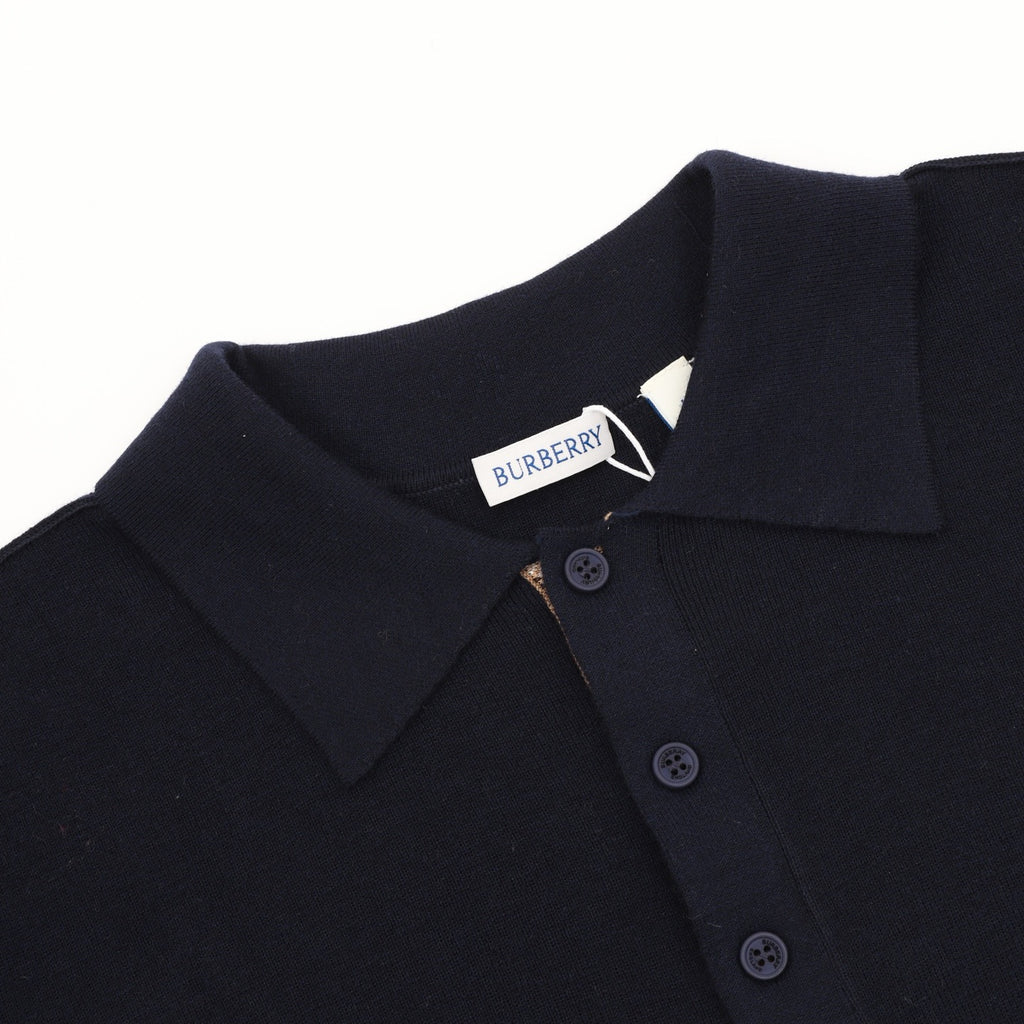 Burberry Five-Color Check Placket Wool Long Sleeve Polo Sweater | Black Relaxed Luxury Knitwear