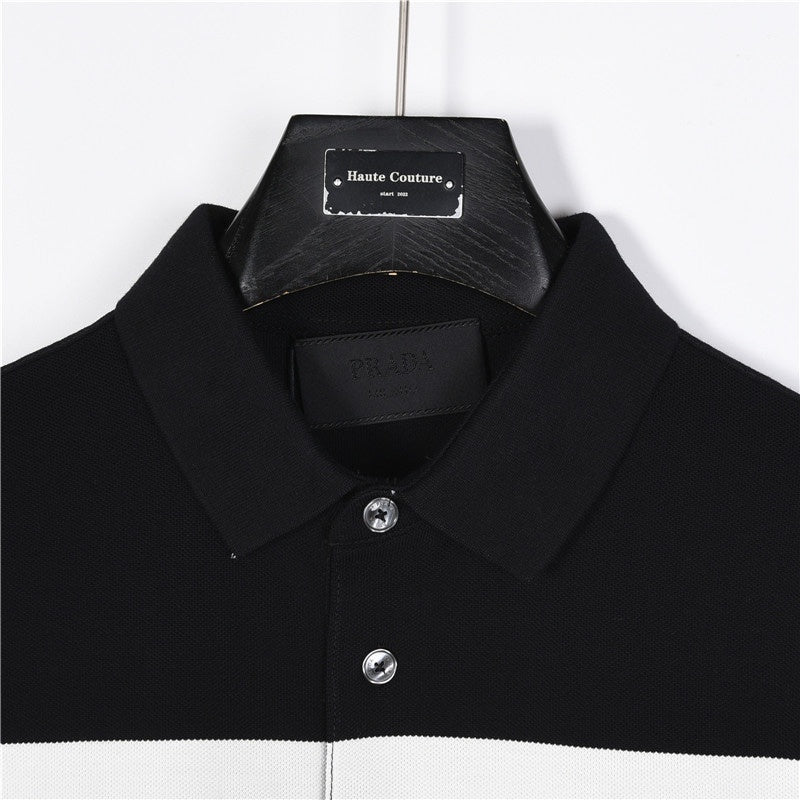 Prada Triangle Logo Short-Sleeve Polo in Black and White Stripes