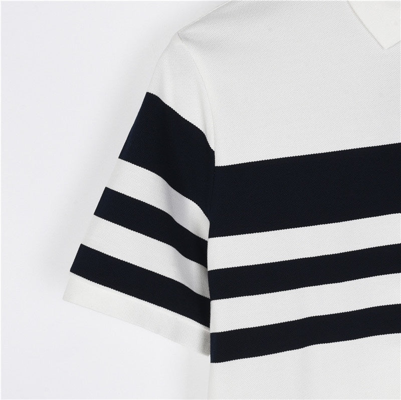 Prada Triangle Logo Short-Sleeve Polo in White and Navy Stripes