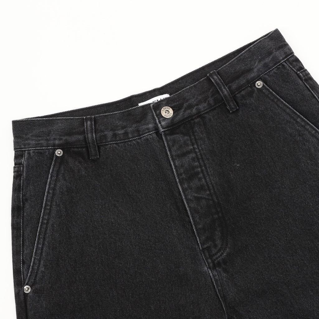 Loewe Contrast Stitch Wide-Leg Washed Denim Trousers | Black Leather Patch Workwear Luxury