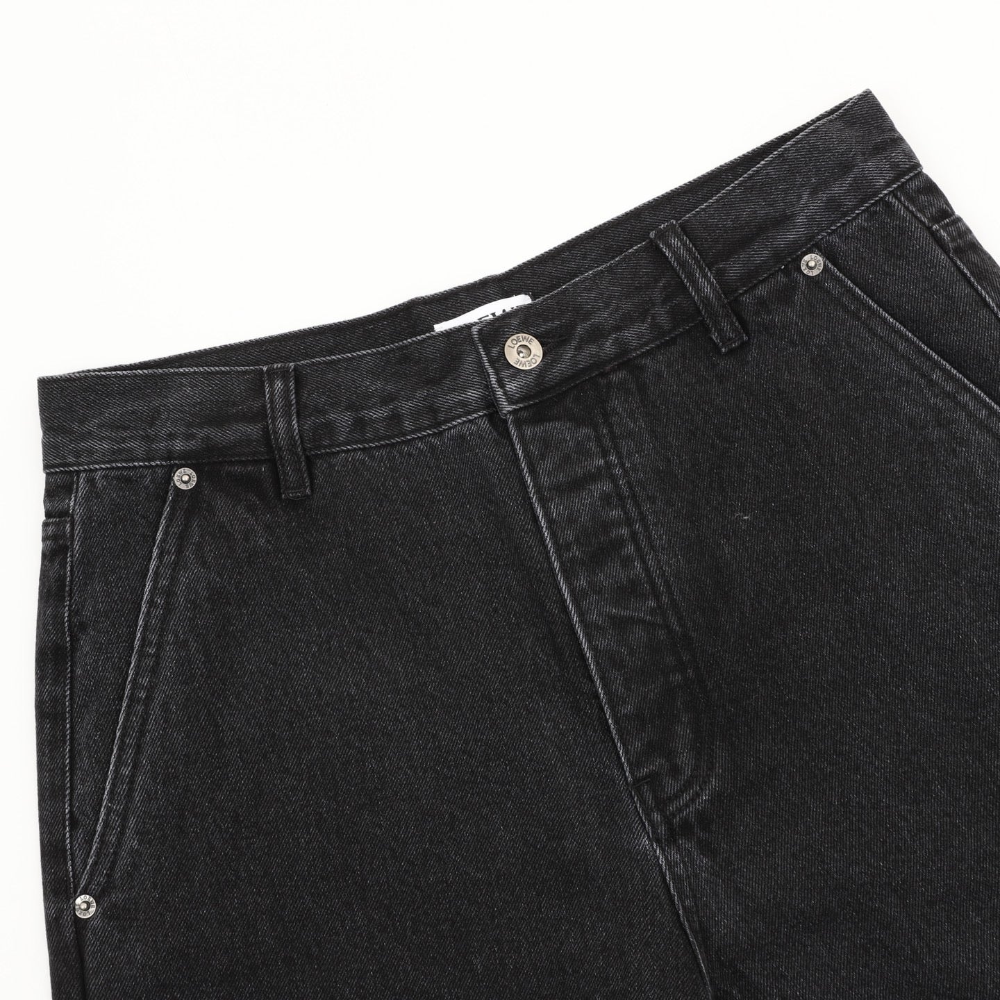 Loewe Contrast Stitch Wide-Leg Washed Denim Trousers | Black Leather Patch Workwear Luxury