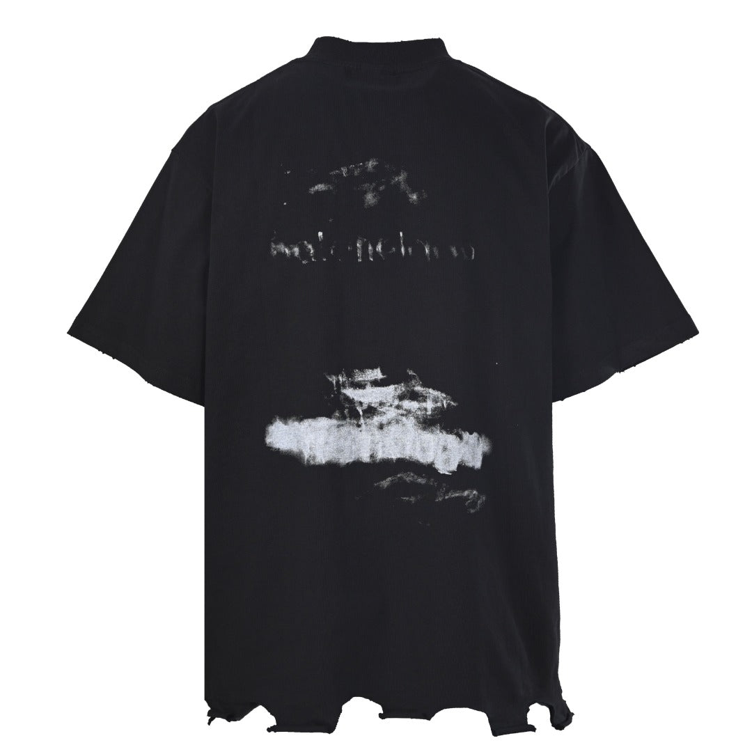 Balenciaga Distressed Triple Logo Print Short-Sleeve T-Shirt in Black
