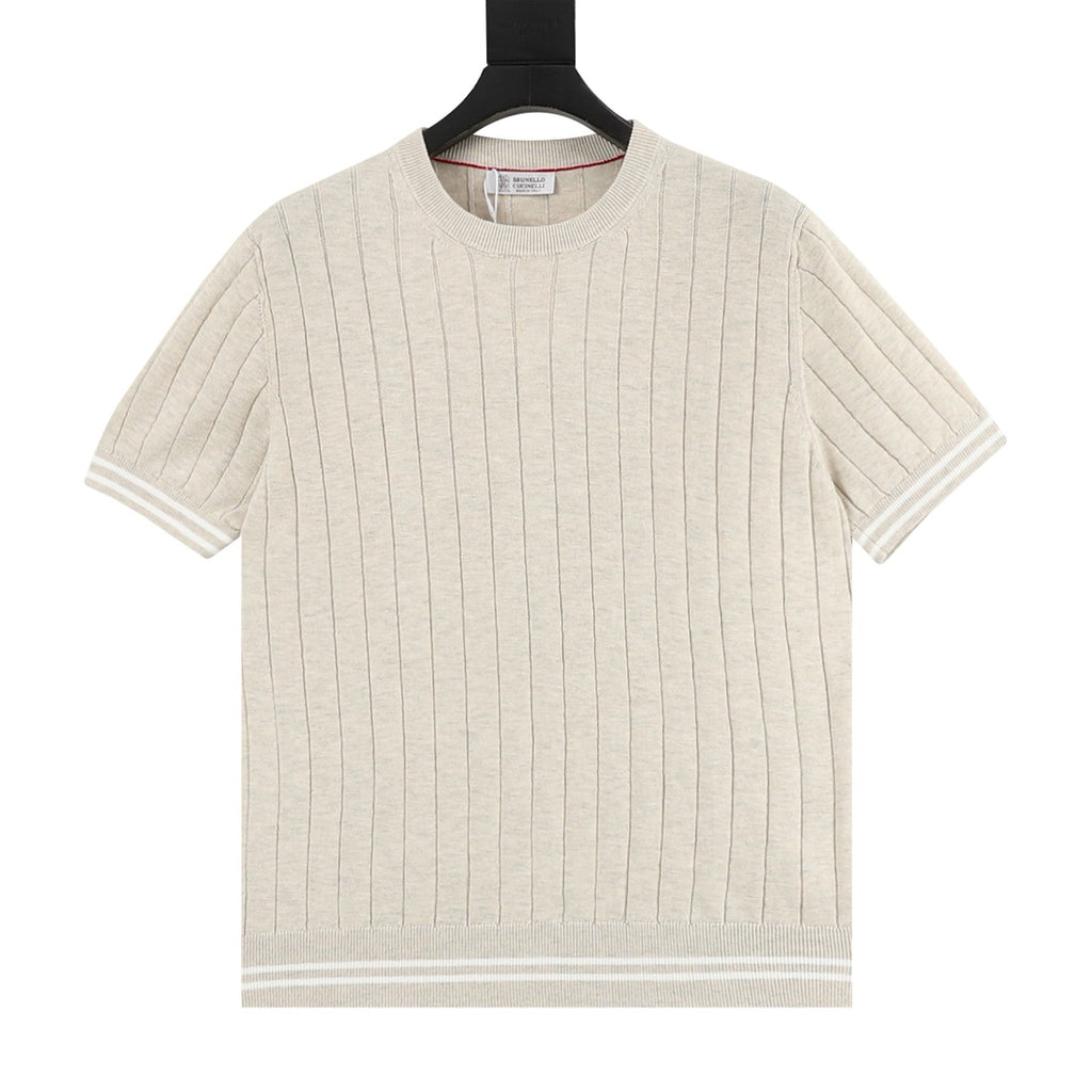 Brunello Cucinelli Striped Patchwork Knit Short-Sleeve Top
