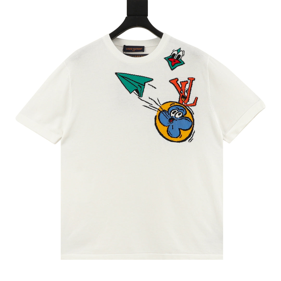 Louis Vuitton Cartoon Paper Plane Embroidered Short-Sleeve T-Shirt in White