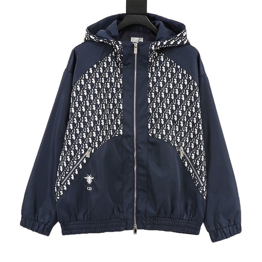 Dior Women's & Men's Navy Oblique Patchwork Bee Logo Hooded Windbreaker