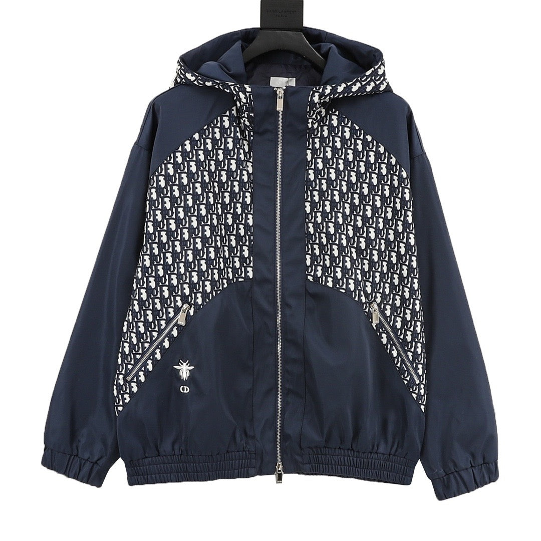 Dior Women's & Men's Navy Oblique Patchwork Bee Logo Hooded Windbreaker