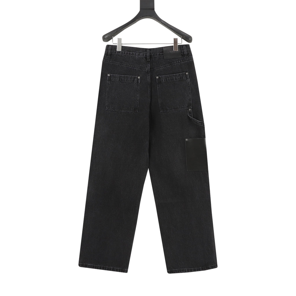 Loewe Contrast Stitch Wide-Leg Washed Denim Trousers | Black Leather Patch Workwear Luxury