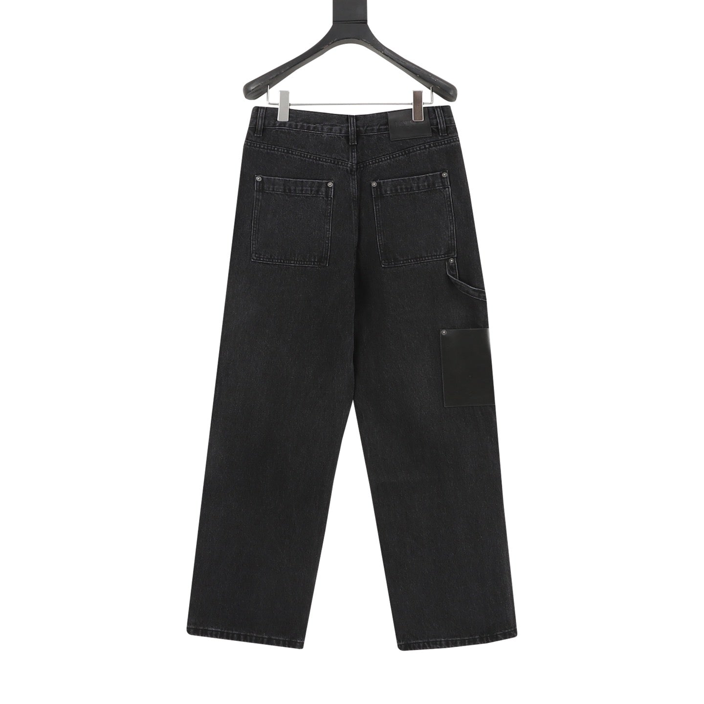 Loewe Contrast Stitch Wide-Leg Washed Denim Trousers | Black Leather Patch Workwear Luxury