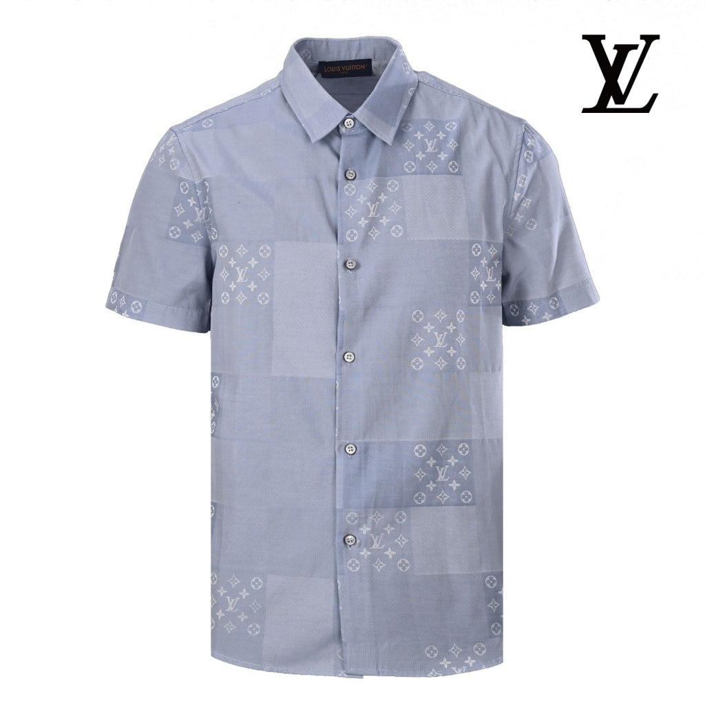 Louis Vuitton Men's Light Blue Monogram Patchwork Short Sleeve Shirt