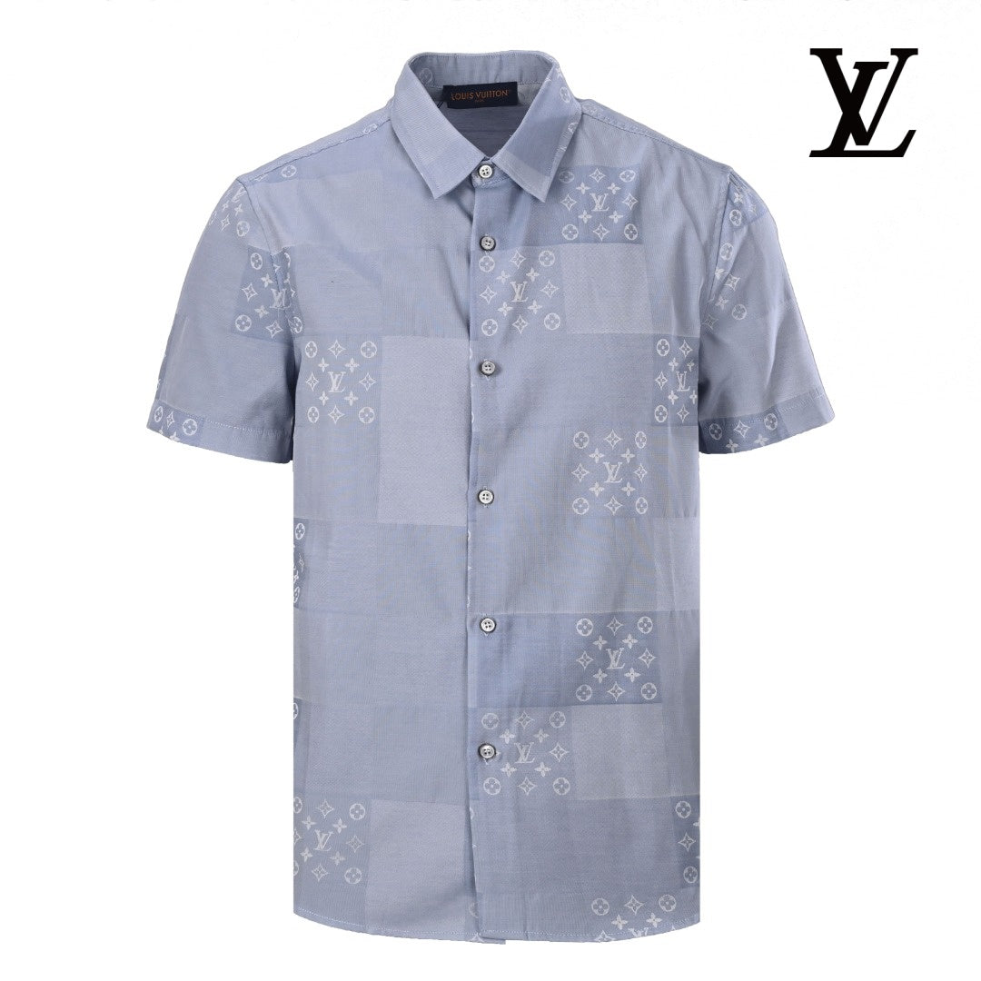 Louis Vuitton Men's Light Blue Monogram Patchwork Short Sleeve Shirt